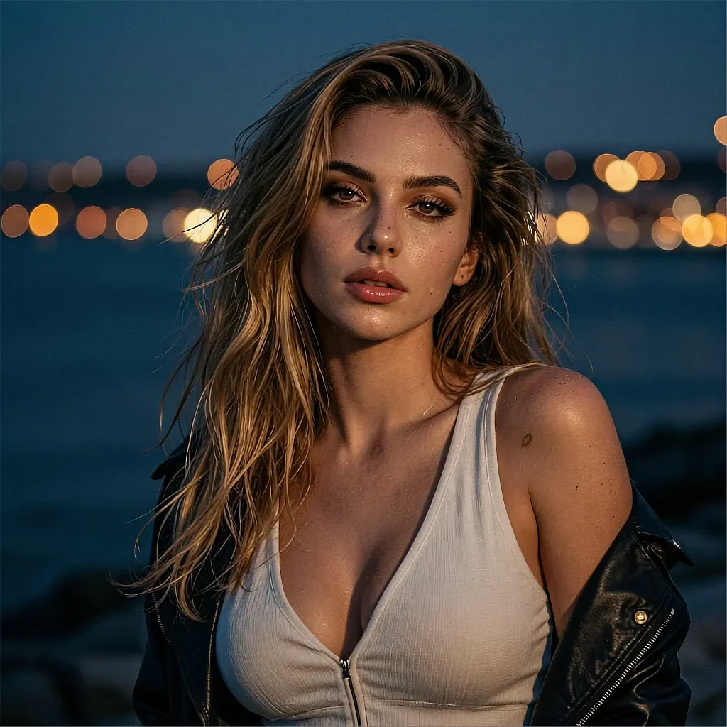 Dirty-blonde woman in white zip tank and leather jacket outdoors with bokeh city lights at dusk