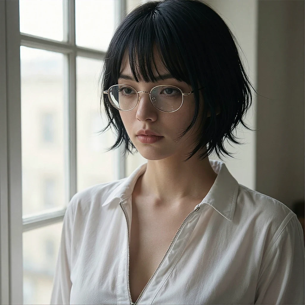 Black-haired woman with bob cut and gold-rimmed glasses in white shirt beside a window