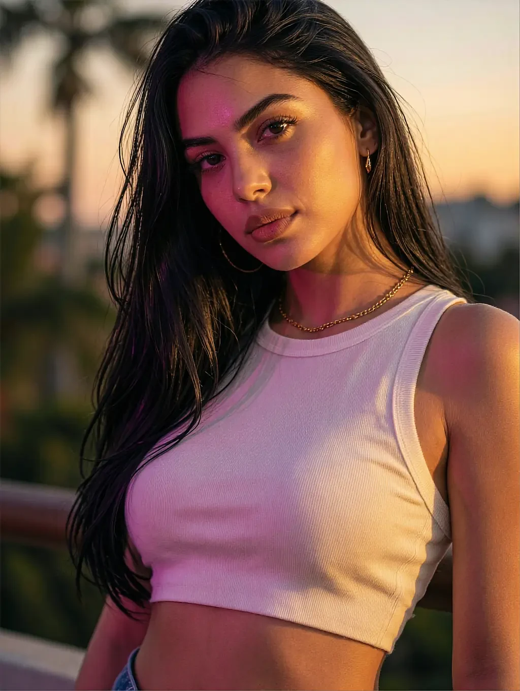 Dark-haired woman in white crop tank and gold chain necklace outdoors at sunset with palm trees