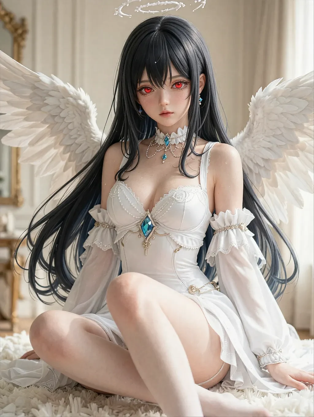 Anime-style character with black hair, white wings, red eyes, and jeweled white dress on white fur