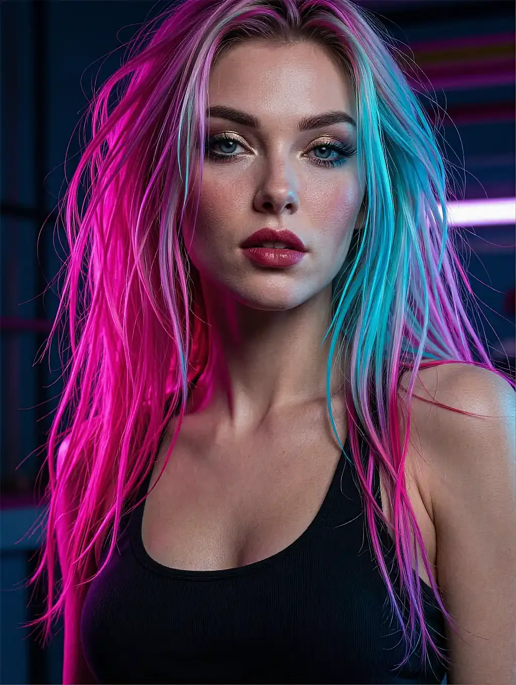 Woman with split-dyed pink and cyan hair and blue eyes in a black tank top against a dark backdrop