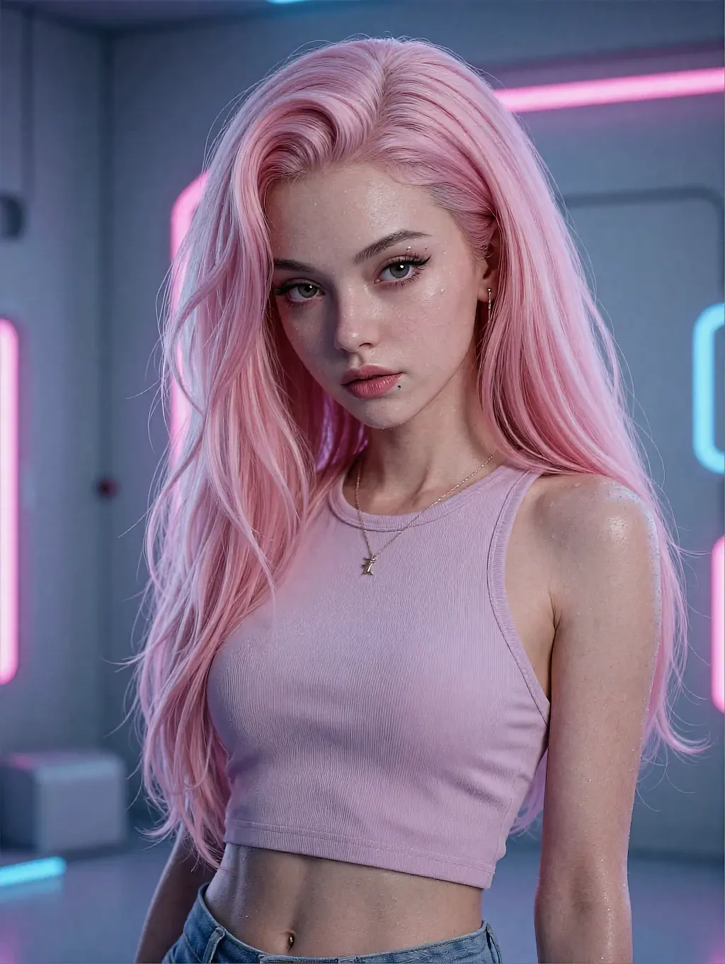 Woman with long pastel pink hair in a lavender crop tank in a grey room with neon-pink panels